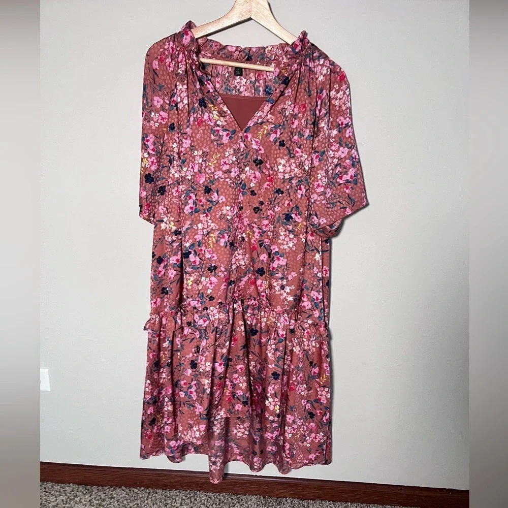 Ann Taylor Pink and Black Floral Midi Dress with Removable Slip – Size‎ Large